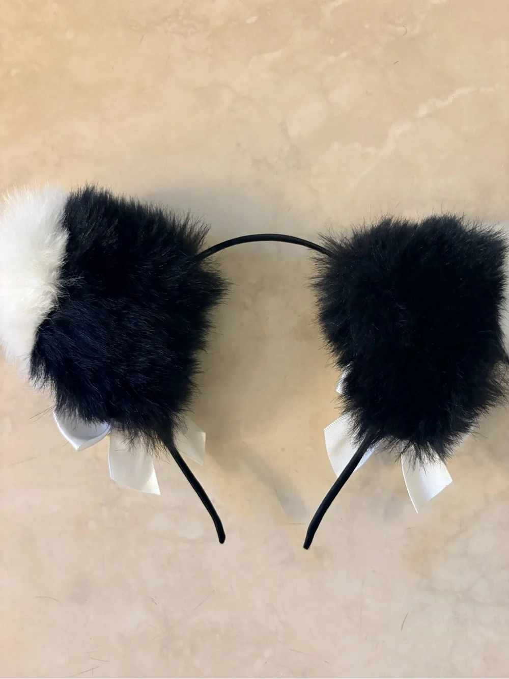 Black & White Furry Cat Ear Headband with Bows and Bells